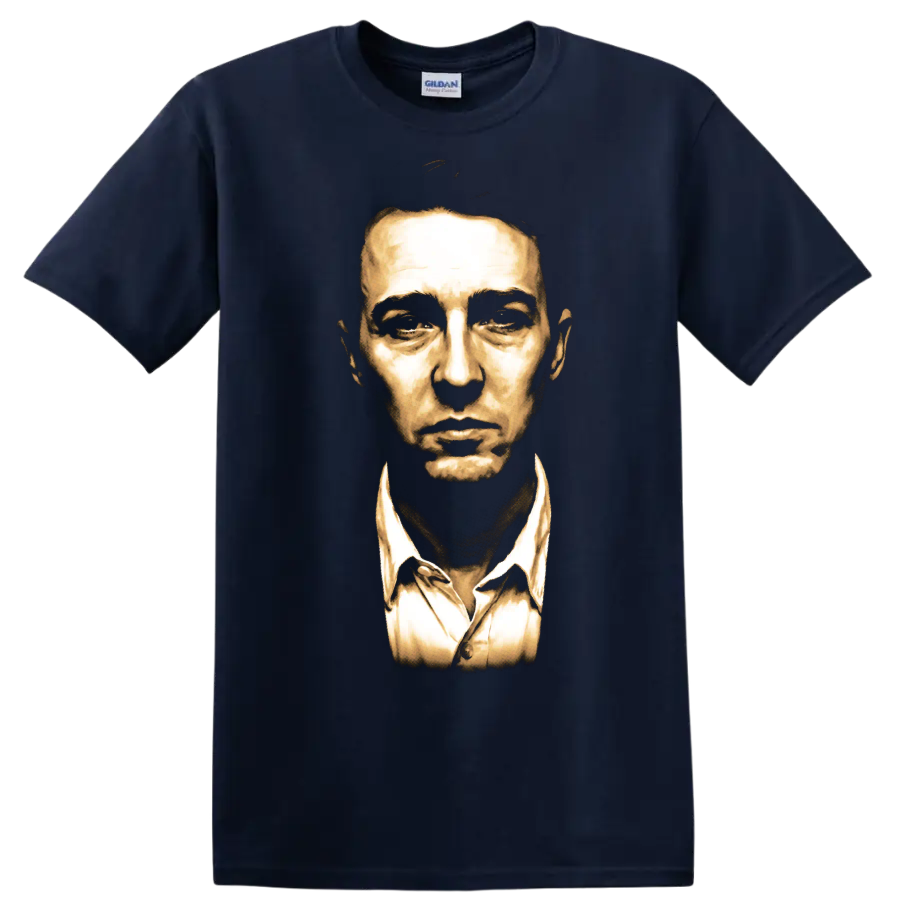 Edward Norton as The Narrator in a dramatic golden Fight Club portrait on a Navy (Blue) T Shirt