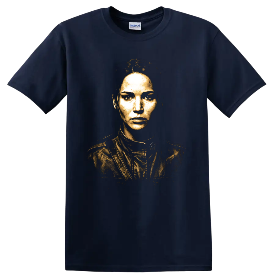 Katniss Everdeen distressed gold portrait graphic print on a Navy (Blue) T Shirt