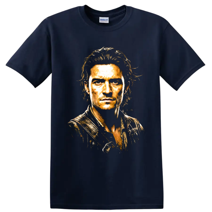Will Turner Orlando Bloom sepia portrait graphic on a Navy (Blue) T Shirt