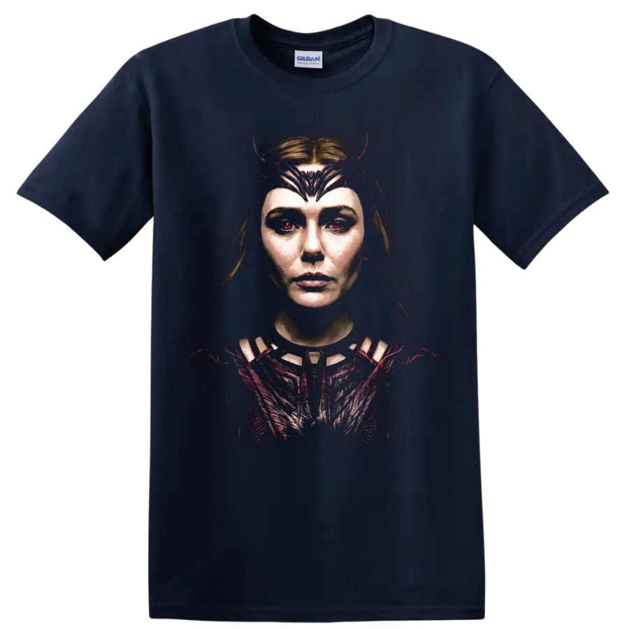 Scarlet Witch dark cinematic portrait with crimson crown on a Navy (Blue) T Shirt
