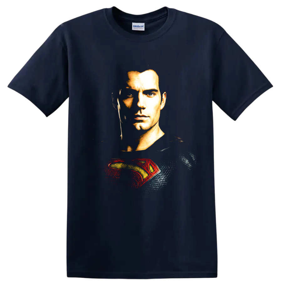 Superman portrait with red and gold emblem graphic on a Navy (Blue) T Shirt