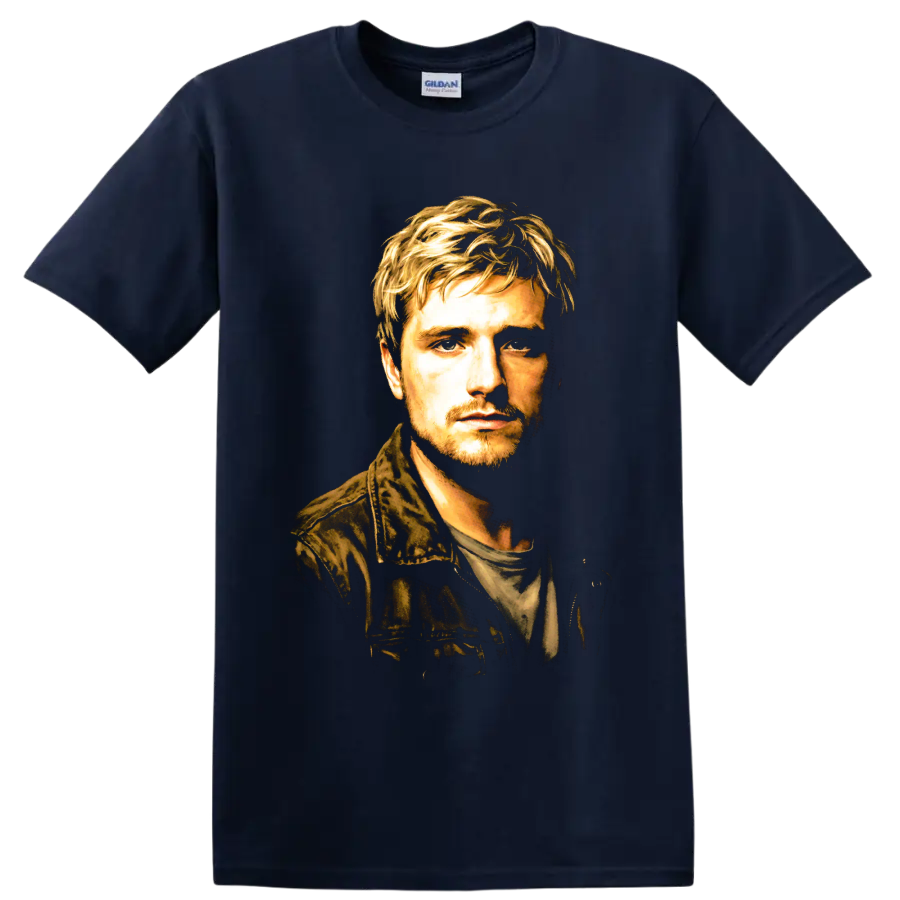 Peeta Mellark painterly cinematic portrait on a Navy (Blue) T Shirt