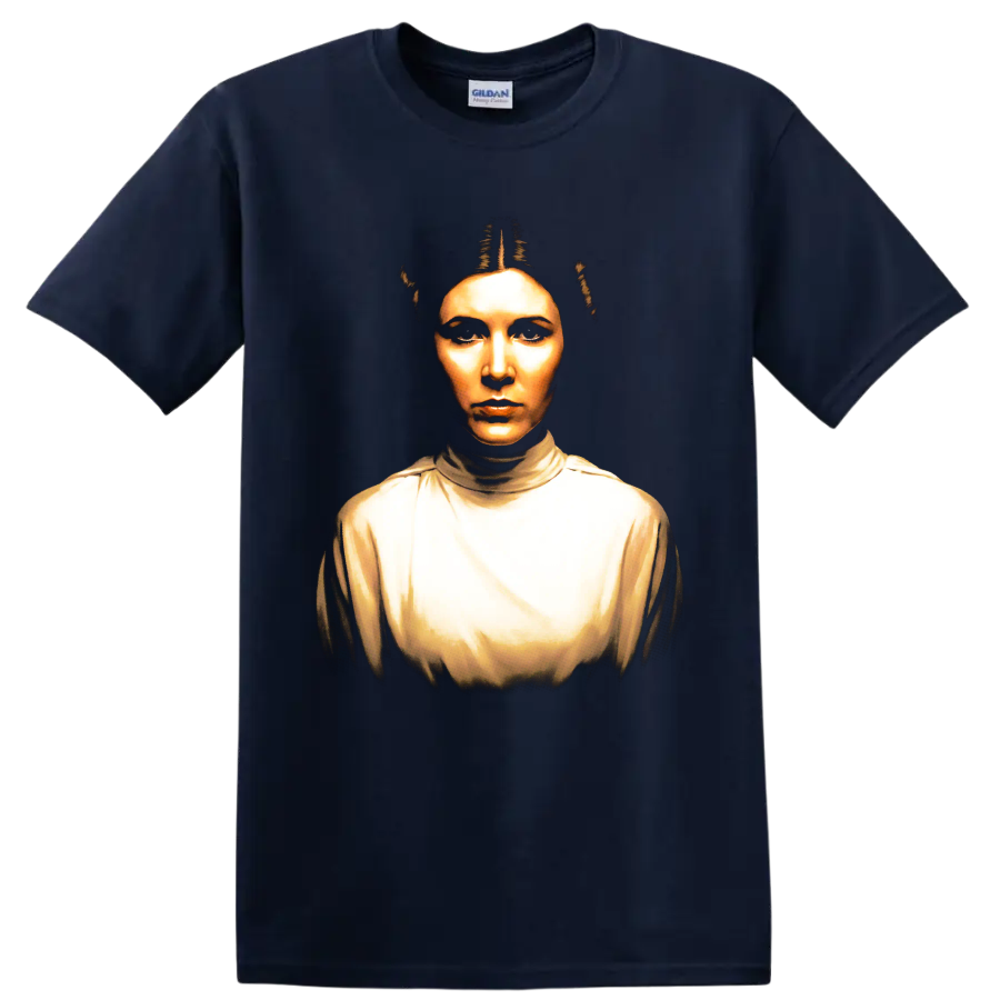Princess Leia Organa portrait in golden cinematic style on a Navy (Blue) T Shirt