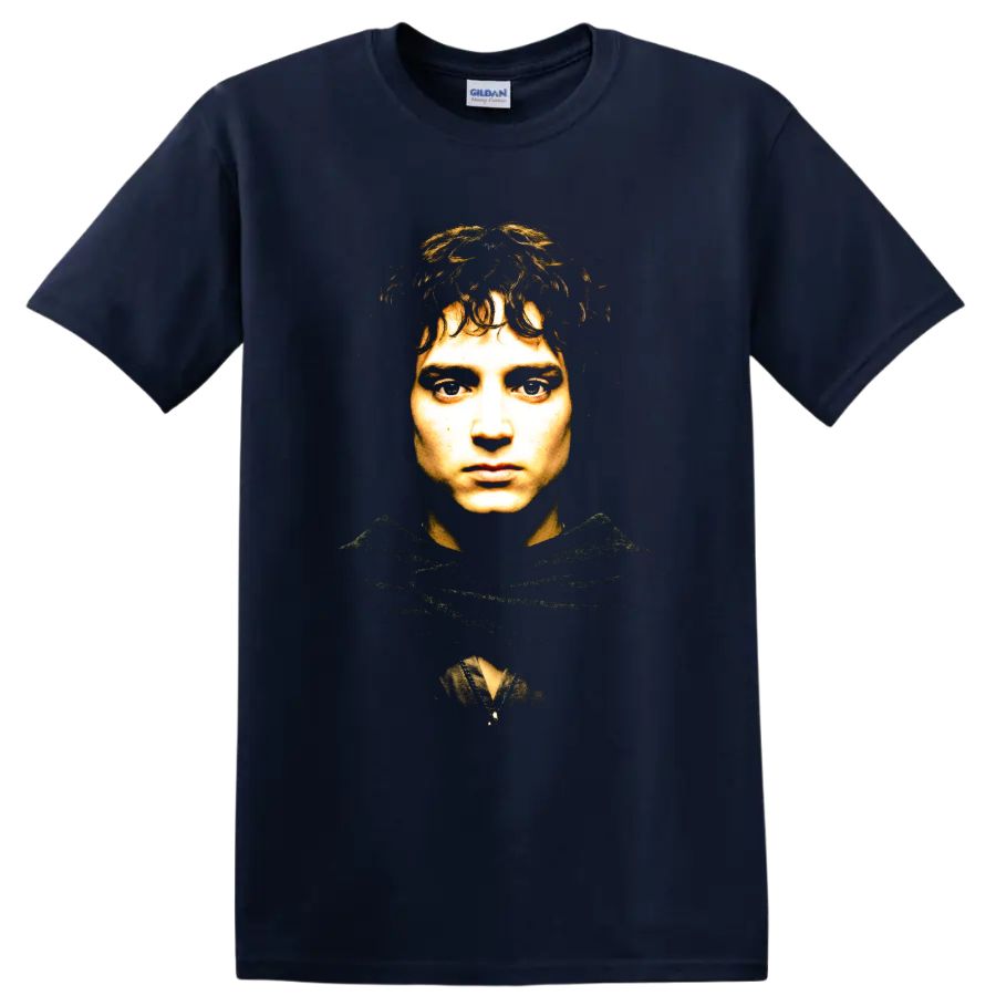 Frodo Baggins fantasy portrait in a shadowed hood on a Navy (Blue) T Shirt