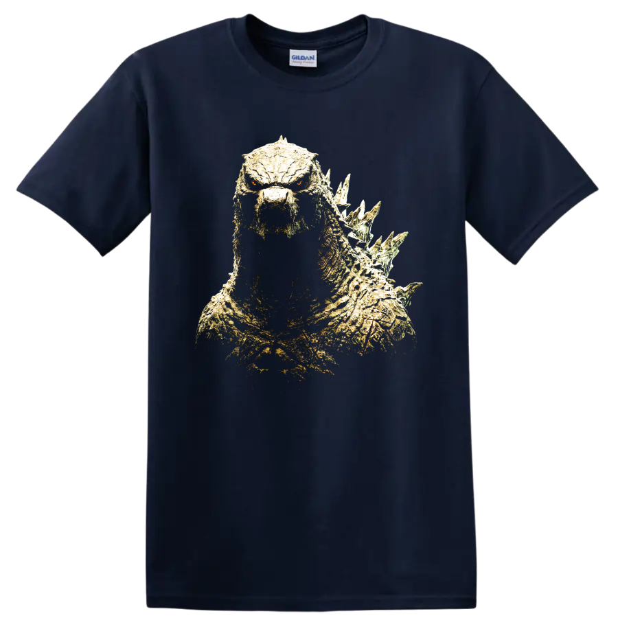 Godzilla Minus One distressed monster portrait with glowing eyes and dorsal spines on a Navy (Blue) T Shirt