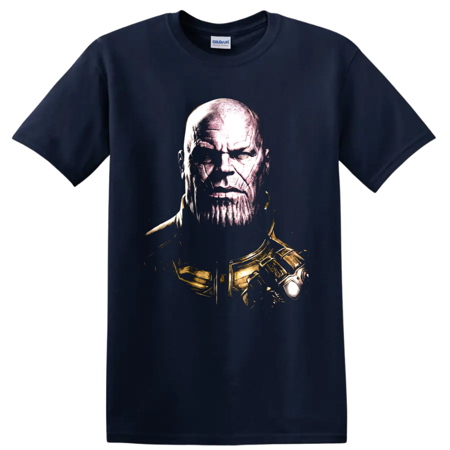 Thanos portrait graphic with gold armor in a gritty comic-art style on a Navy (Blue) T Shirt