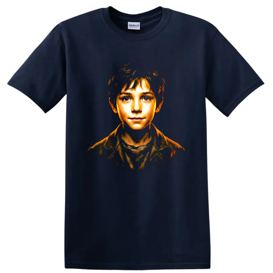 Sebastien portrait from Belle and Sebastian in warm cinematic illustrated style on a Navy (Blue) T Shirt