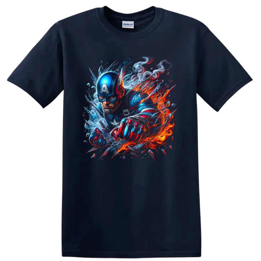 Captain America fiery action graphic with blue armor, red details, smoke, and flames on a Navy (Blue) T Shirt