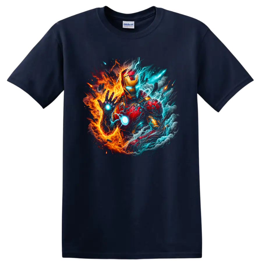Iron Man in fiery red and gold armor with blue lightning comic battle art on a Navy (Blue) T Shirt