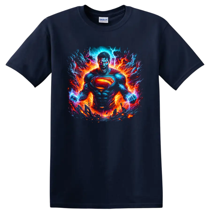 Superman in fiery lightning storm comic art with glowing chest shield on a Navy (Blue) T Shirt