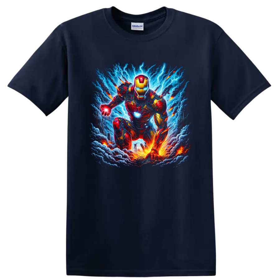 Iron Man armored superhero charging through lightning storm action artwork on a Navy (Blue) T Shirt