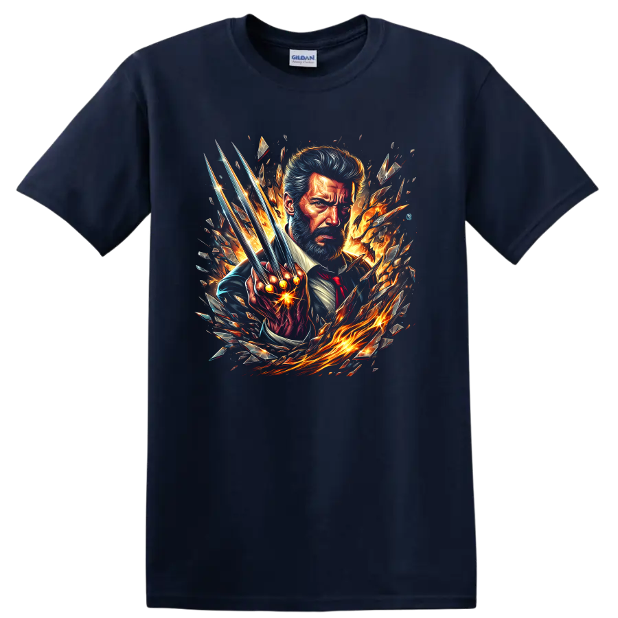 Old Man Logan Wolverine portrait with extended claws, flames, and shattered comic art on a Navy (Blue) T Shirt