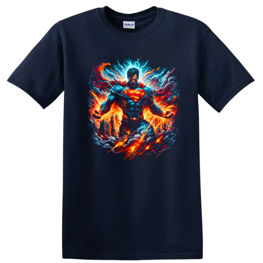 Superman comic-style art with lightning, flames, smoke, and a blazing cityscape on a Navy (Blue) T Shirt