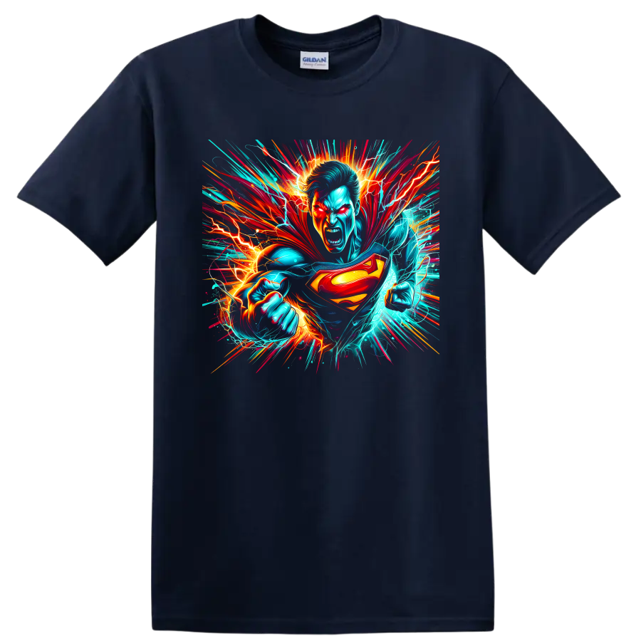 Superman neon lightning comic action graphic with cape, shield, and clenched fists on a Navy (Blue) T Shirt