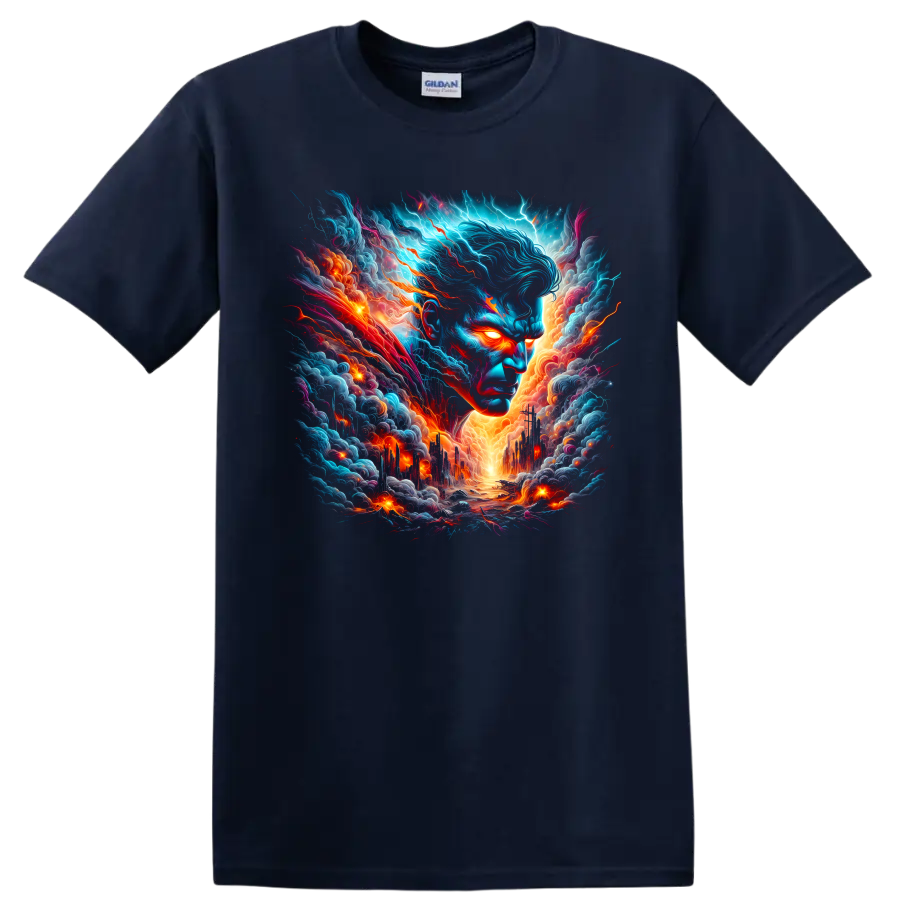 Superman cosmic storm portrait with glowing eyes, electric clouds, and fiery city on a Navy (Blue) T Shirt
