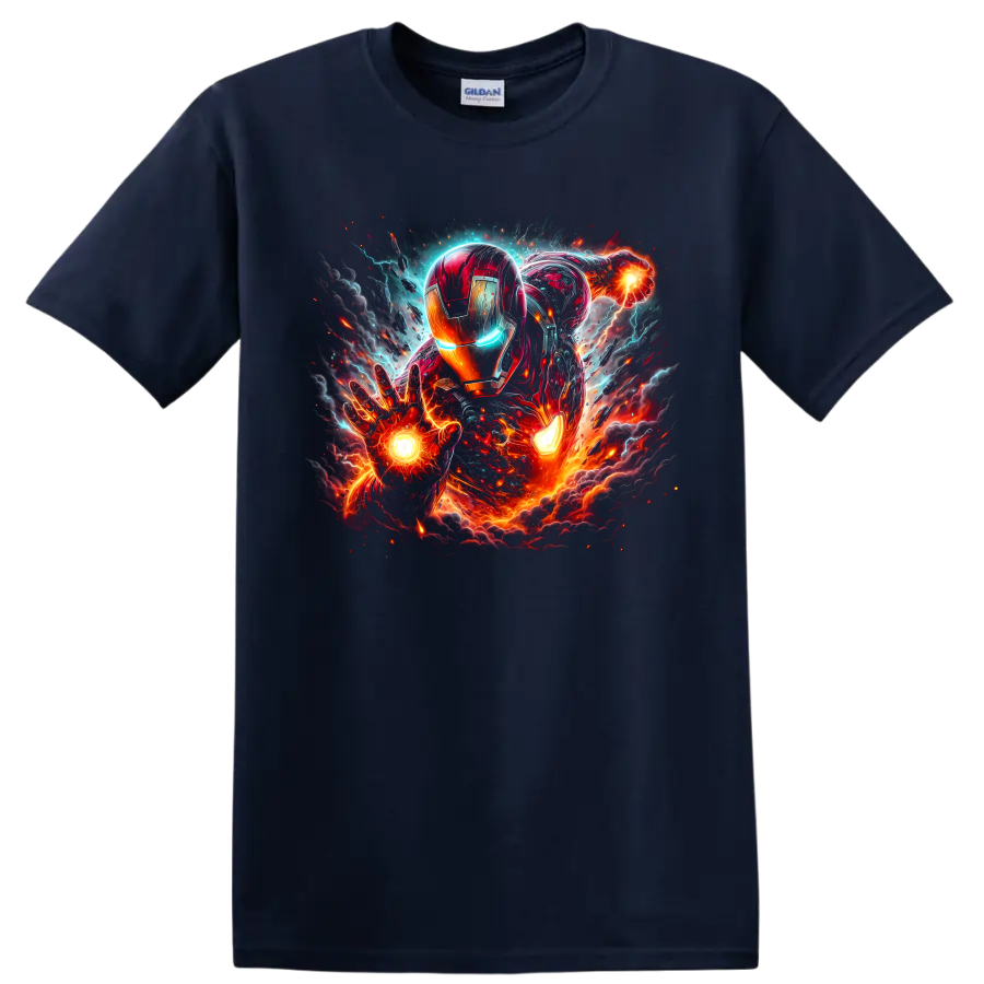 Iron Man in glowing red-and-gold armor with arc reactor and cosmic battle energy on a Navy (Blue) T Shirt