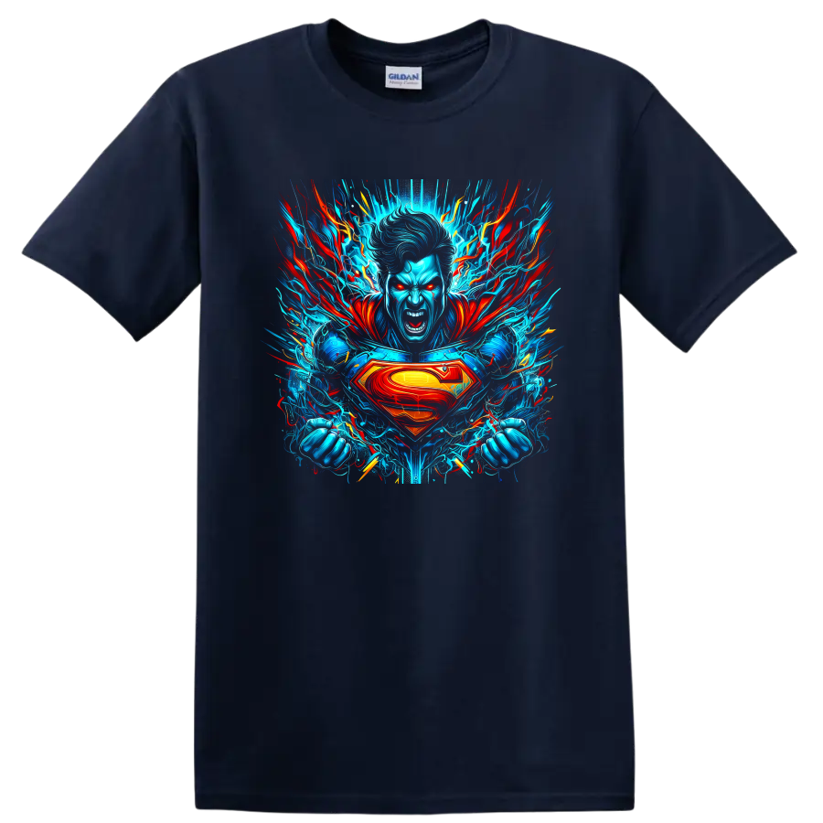 Superman electric blue and red energy burst comic hero graphic with S shield on a Navy (Blue) T Shirt