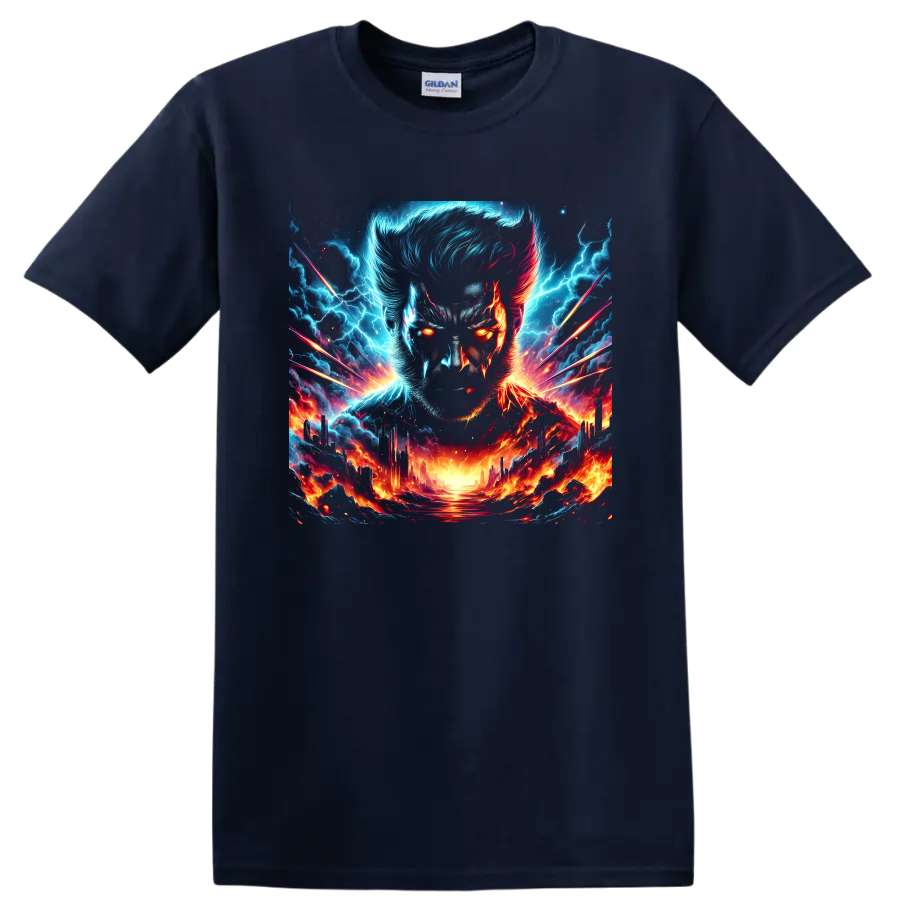 Wolverine portrait in electric lightning and fiery cosmic landscape graphic art on a Navy (Blue) T Shirt