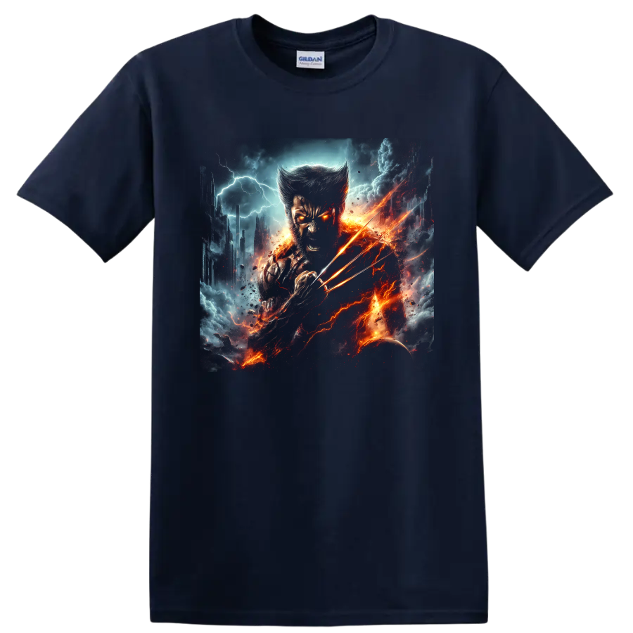 Wolverine Weapon X with extended claws in fiery lightning comic battle art on a Navy (Blue) T Shirt