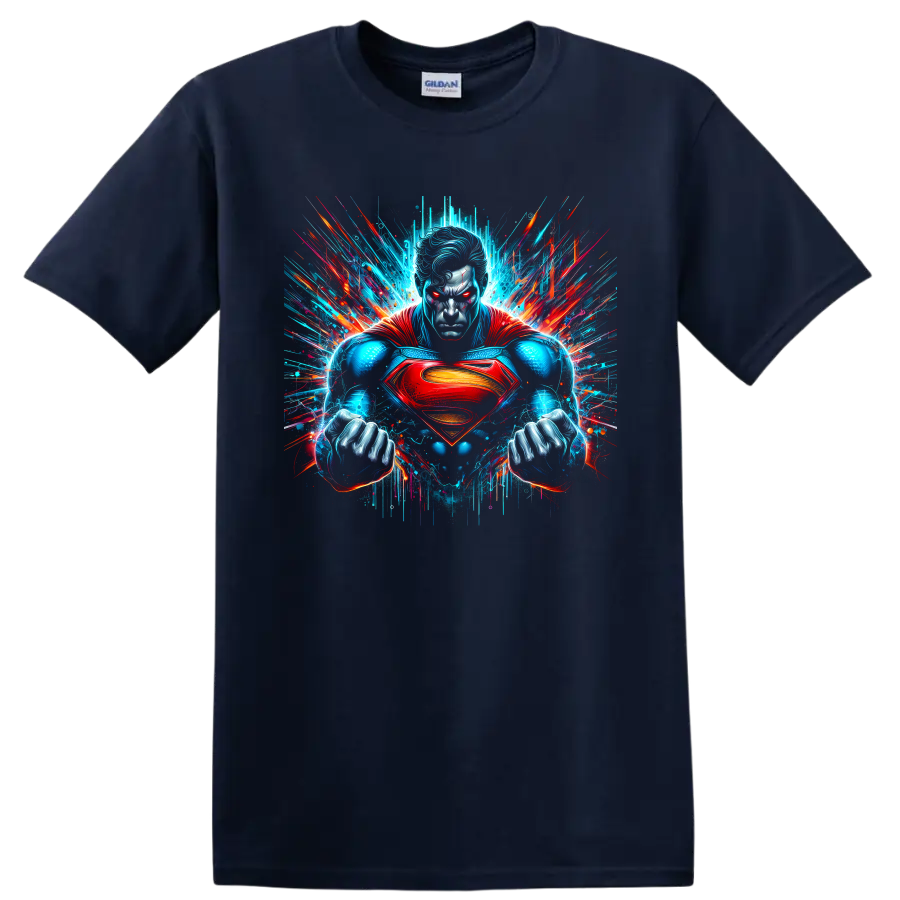 Superman in neon comic art with glowing eyes, red cape, chest shield, and paint bursts on a Navy (Blue) T Shirt