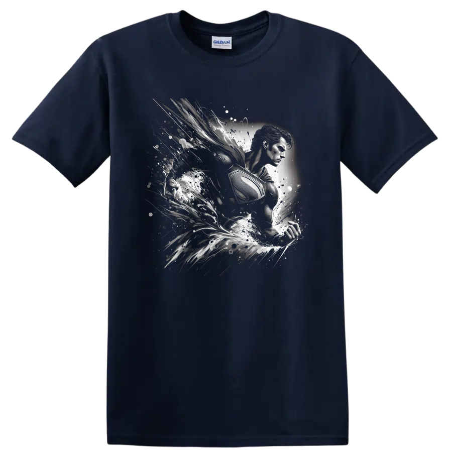 Superman in monochrome comic art with cosmic splashes and motion trails on a Navy (Blue) T Shirt