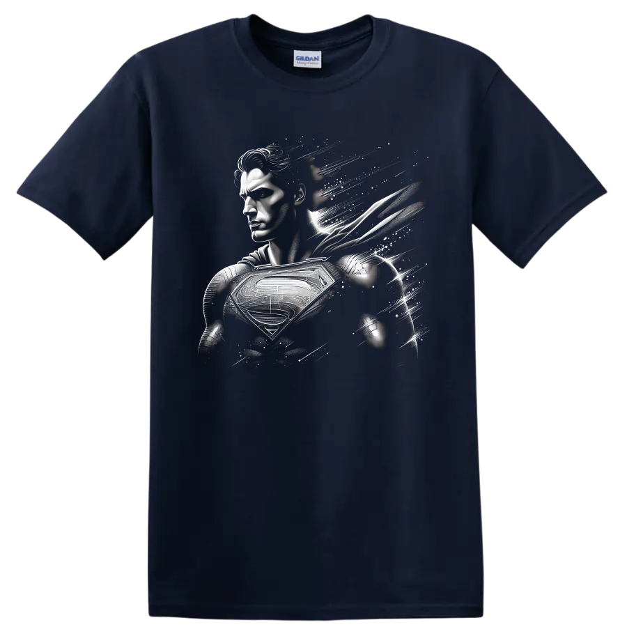 Superman monochrome abstract comic portrait with chest shield and pixel fragments on a Navy (Blue) T Shirt