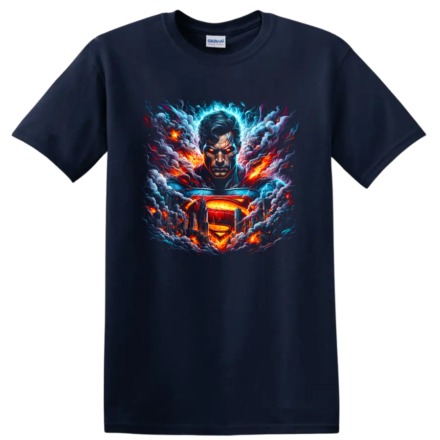 Superman portrait with S shield, lightning, flames, and futuristic city graphic art on a Navy (Blue) T Shirt