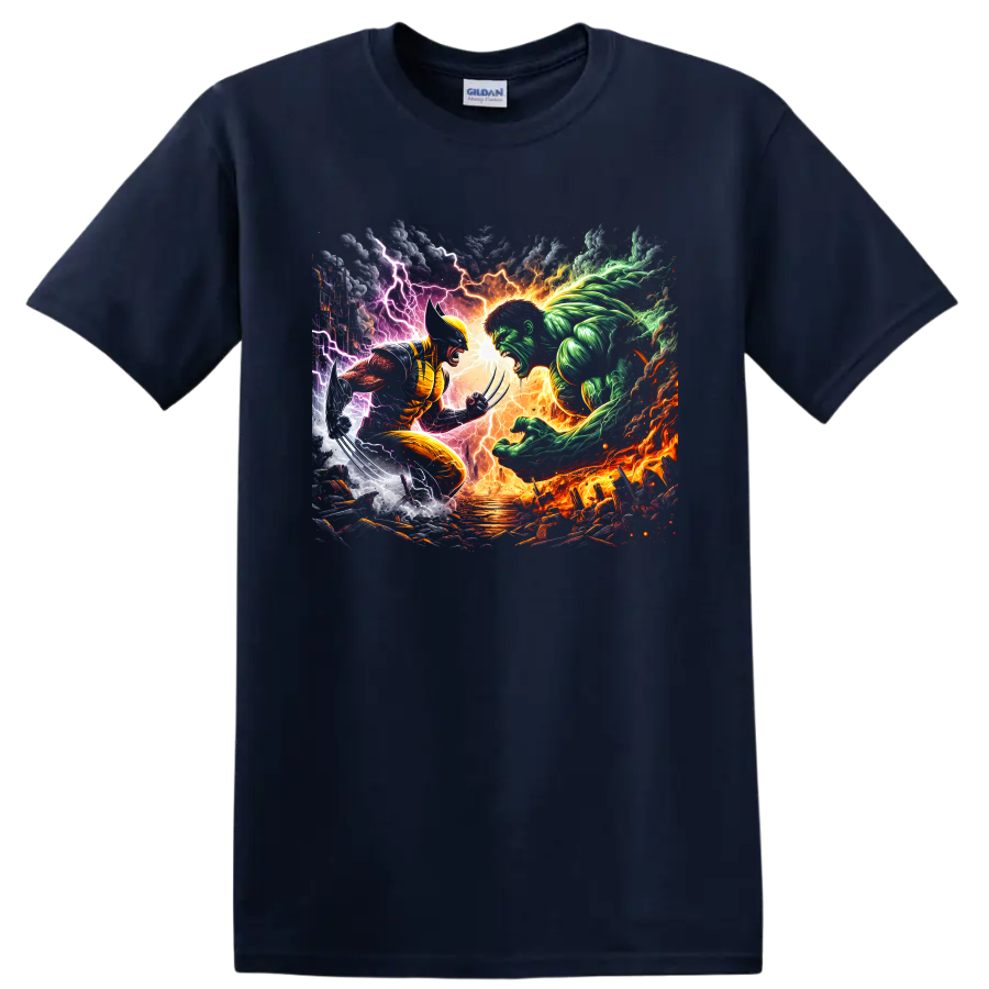 Wolverine vs Hulk comic art battle with claws, lightning, flames, and storm clouds on a Navy (Blue) T Shirt