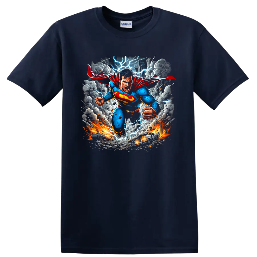 Superman charging through a lightning storm cityscape in dynamic comic art on a Navy (Blue) T Shirt