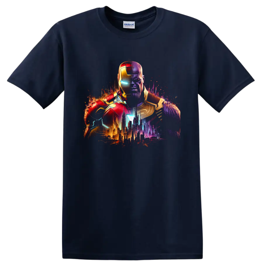 Iron Man and Thanos split armor portrait with neon futuristic city graphic on a Navy (Blue) T Shirt
