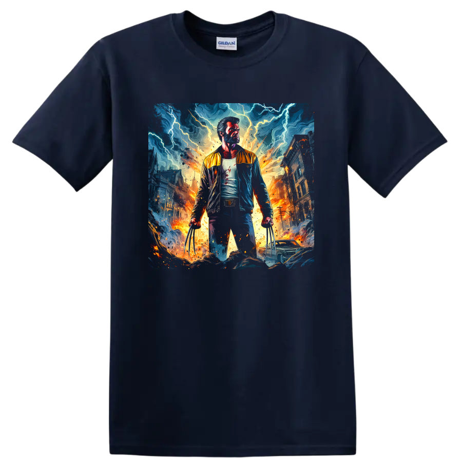 Wolverine with extended claws in a fiery stormy city battle graphic on a Navy (Blue) T Shirt