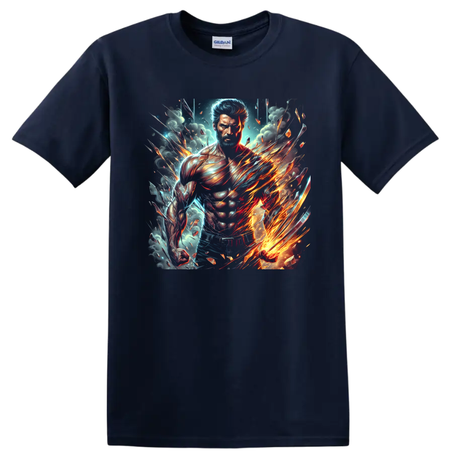 Wolverine fiery claw superhero warrior in explosive cosmic comic art on a Navy (Blue) T Shirt