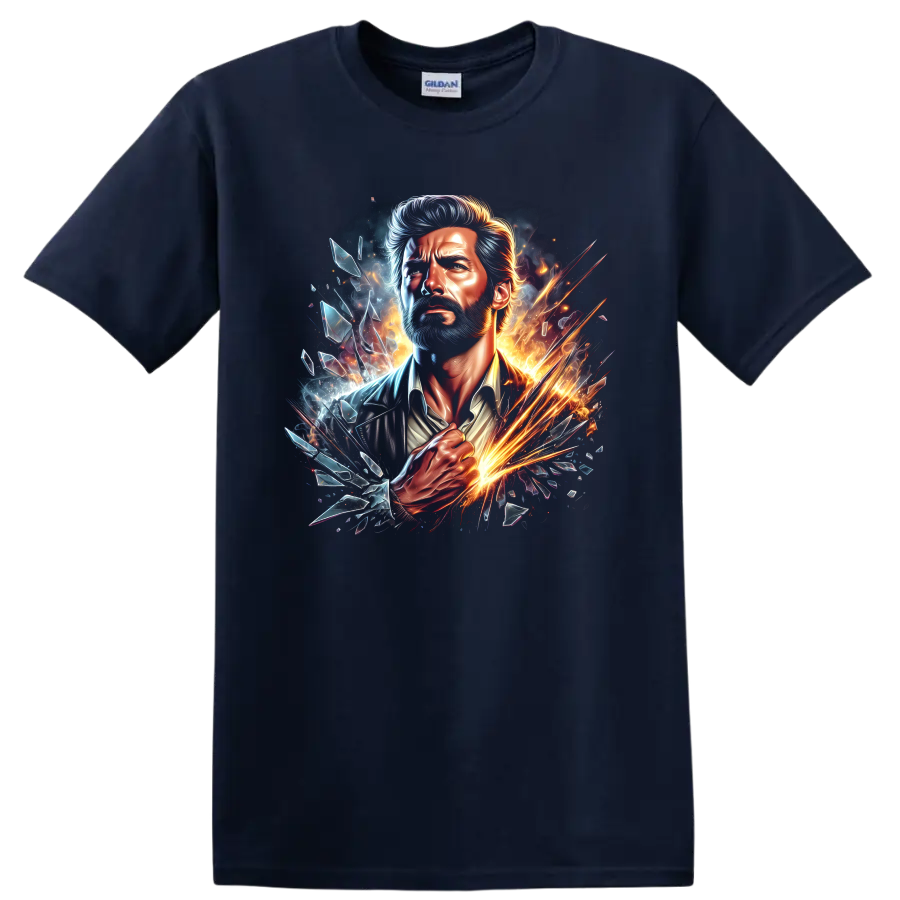 Old Man Logan Wolverine portrait with fiery sparks, blue energy, and shattered glass on a Navy (Blue) T Shirt