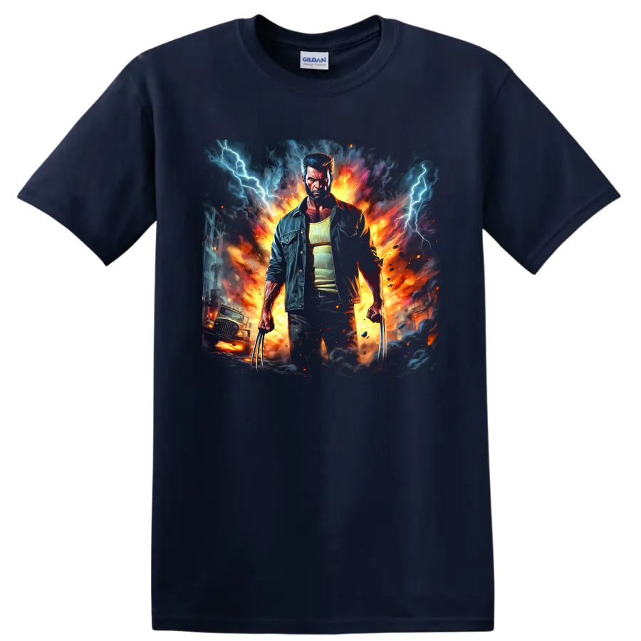 Old Man Logan Wolverine with claws in fiery lightning comic-style action art on a Navy (Blue) T Shirt