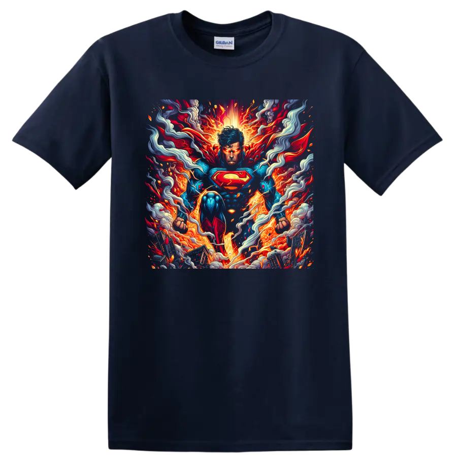 Superman fiery comic art graphic with red cape, chest emblem, smoke, and energy on a Navy (Blue) T Shirt