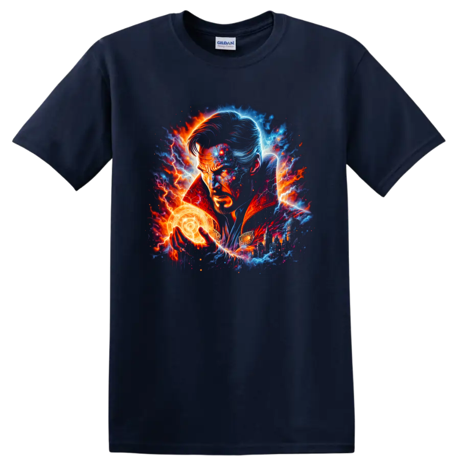 Doctor Strange portrait with glowing magic circle, lightning, and cosmic superhero art on a Navy (Blue) T Shirt