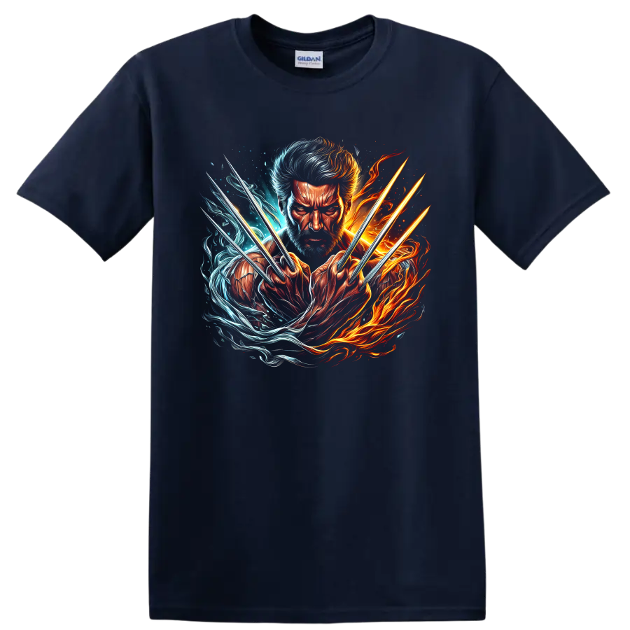 Wolverine Logan portrait with claws in fiery orange and icy blue comic art on a Navy (Blue) T Shirt