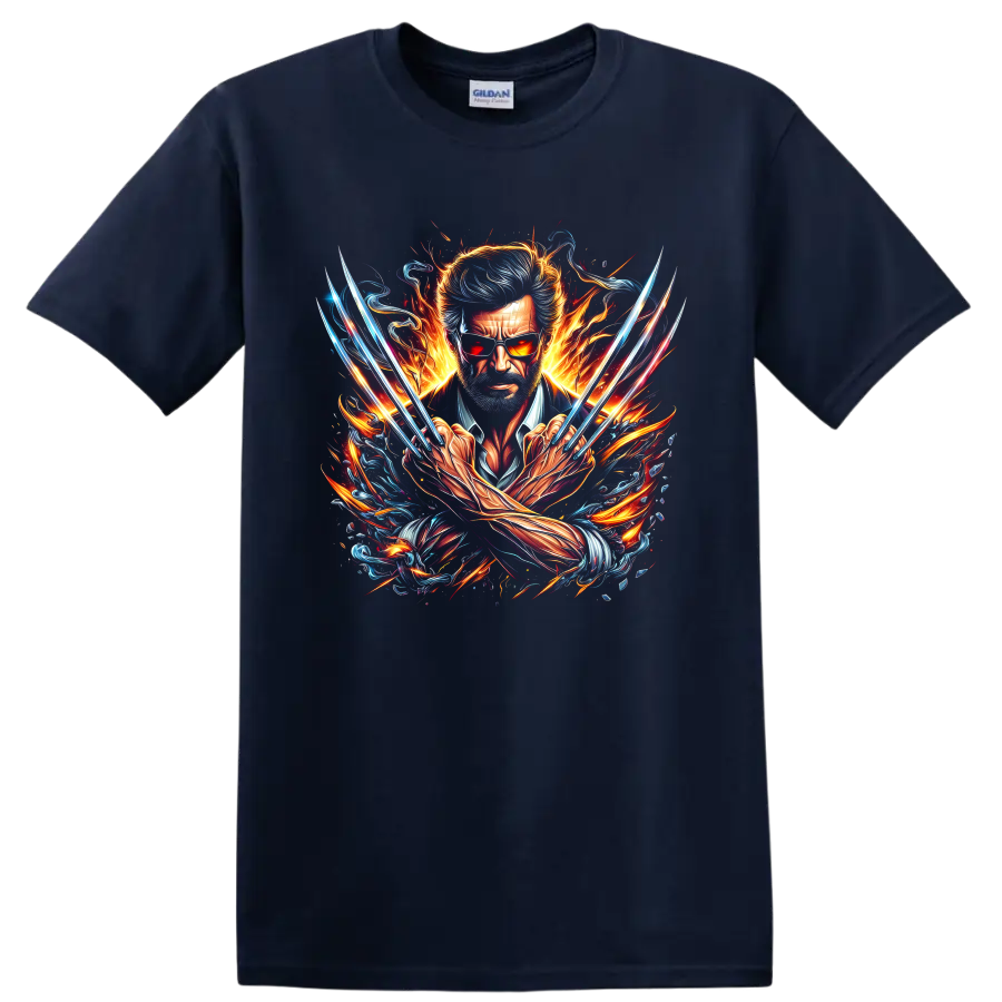 Wolverine Logan portrait with metal claws, flames, and blue comic-style energy on a Navy (Blue) T Shirt