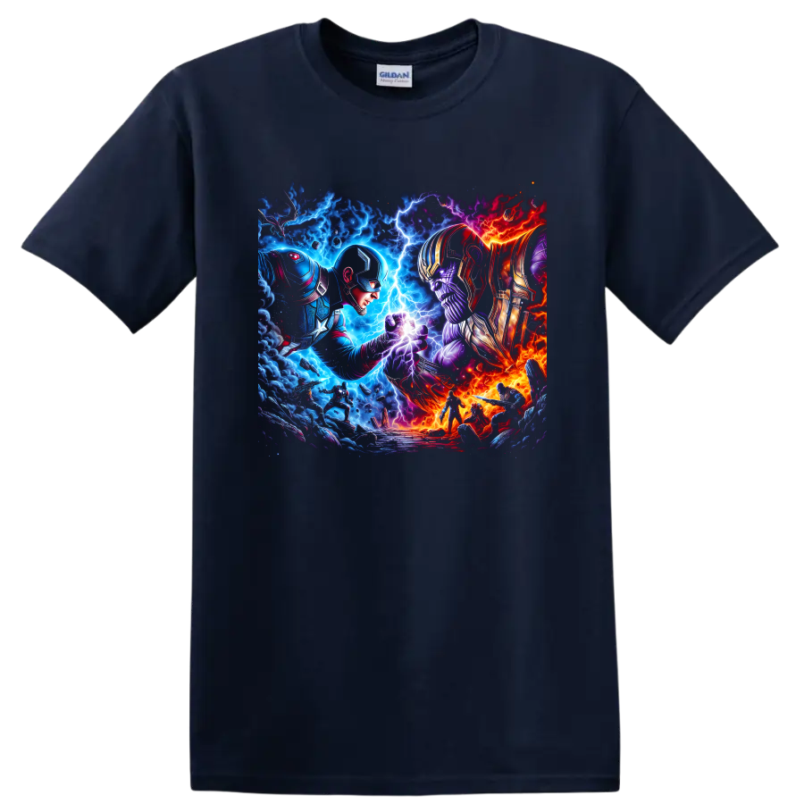 Captain America and Thanos in cosmic comic art battle with lightning and fire on a Navy (Blue) T Shirt