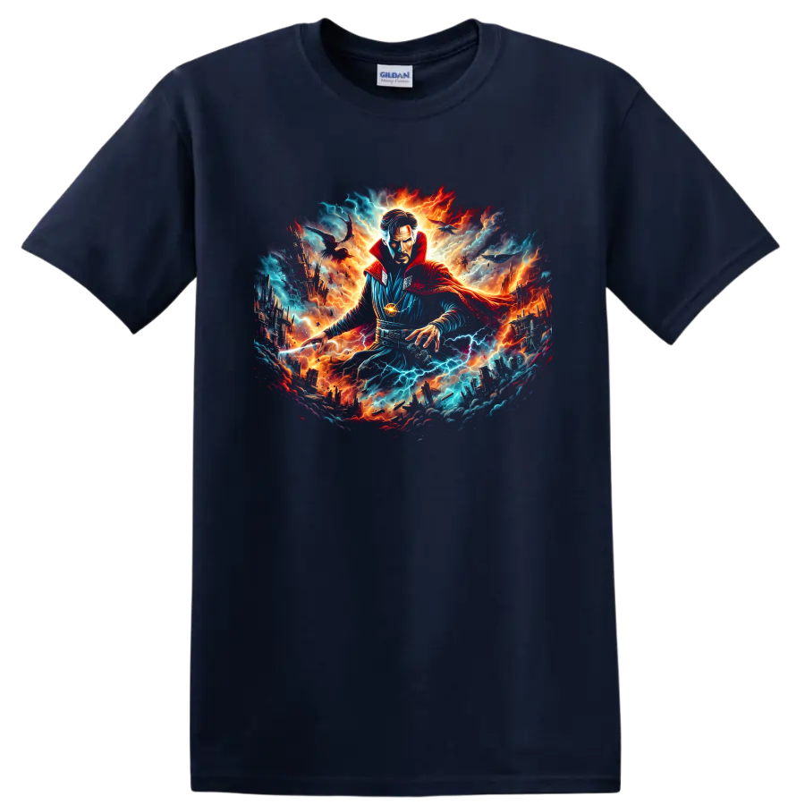 Doctor Strange cosmic fantasy art with lightning, fire, and futuristic city on a Navy (Blue) T Shirt