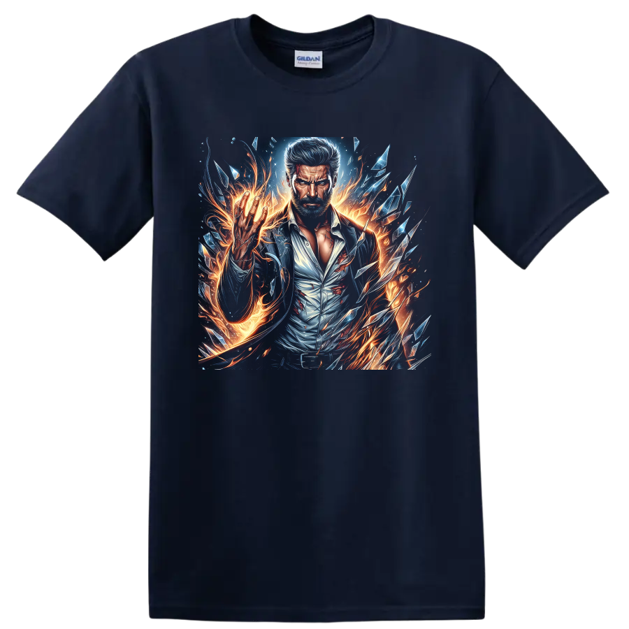 Wolverine portrait in fiery comic art with sparks and shattered crystal shards on a Navy (Blue) T Shirt