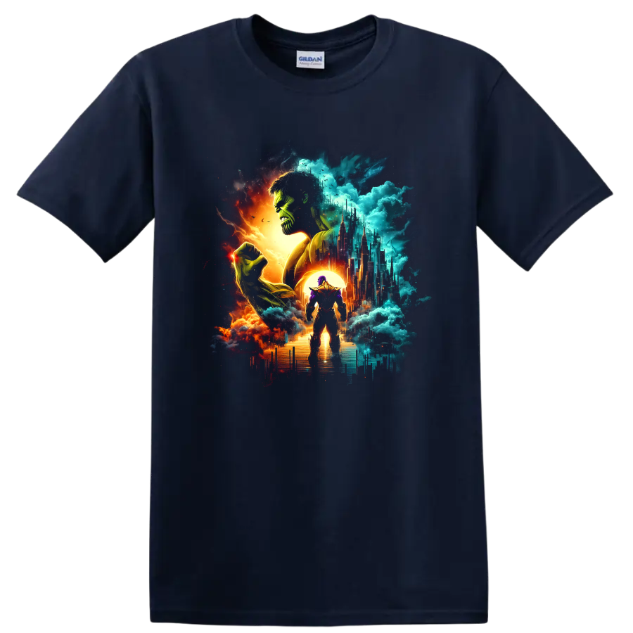 Thanos and Hulk cosmic battle illustration with futuristic cityscape on a Navy (Blue) T Shirt
