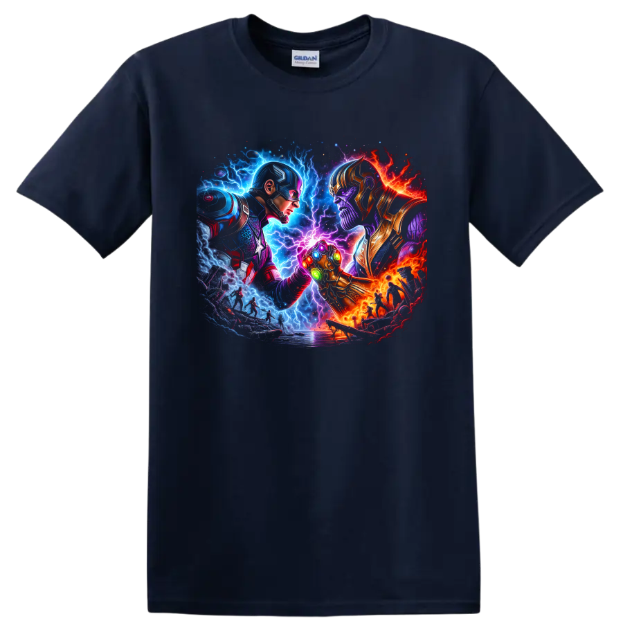 Captain America and Thanos cosmic battle art with a glowing jeweled gauntlet on a Navy (Blue) T Shirt