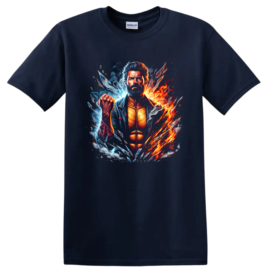 Wolverine superhero portrait with fire, ice energy, smoke, and shattered comic art on a Navy (Blue) T Shirt
