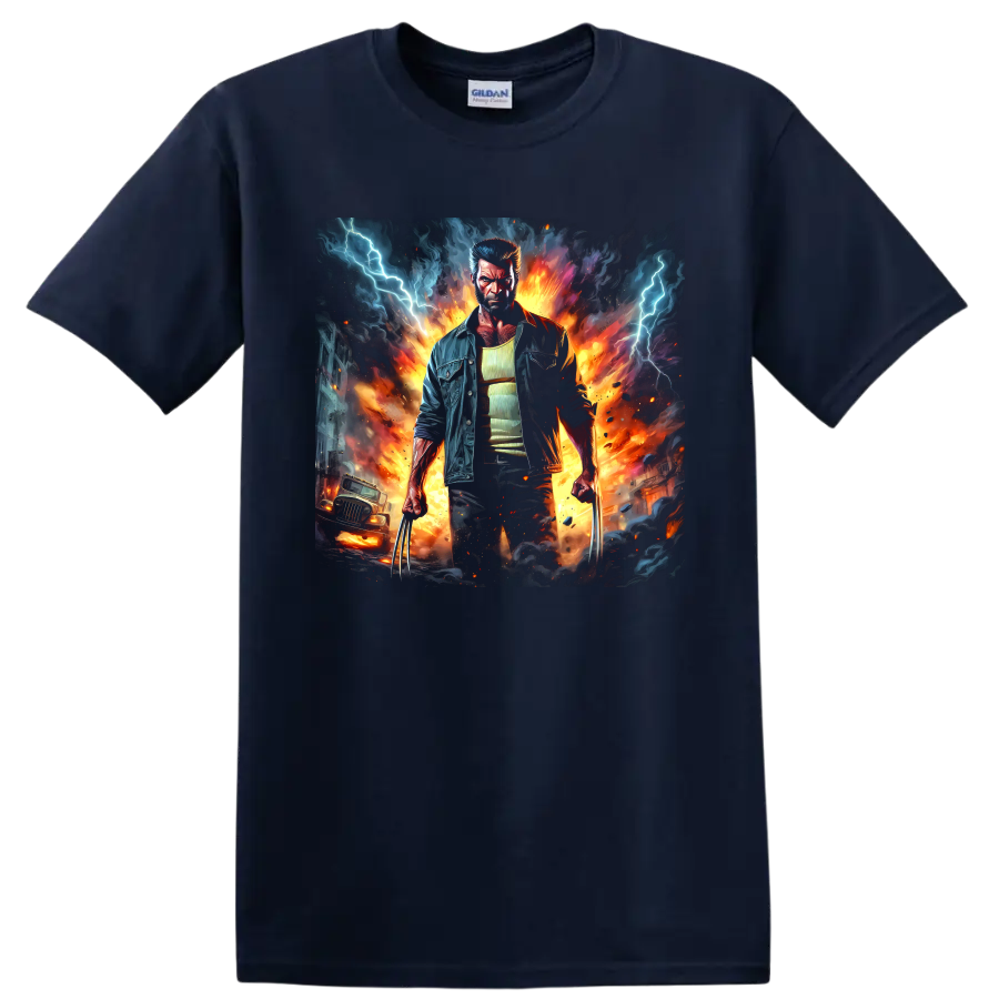 Wolverine clawed superhero in explosive fire and lightning comic art on a Navy (Blue) T Shirt