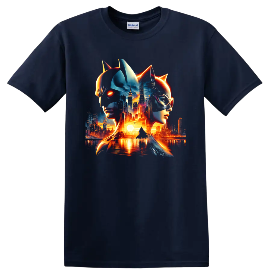 Batman and Catwoman neon city skyline dark art graphic print on a Navy (Blue) T Shirt