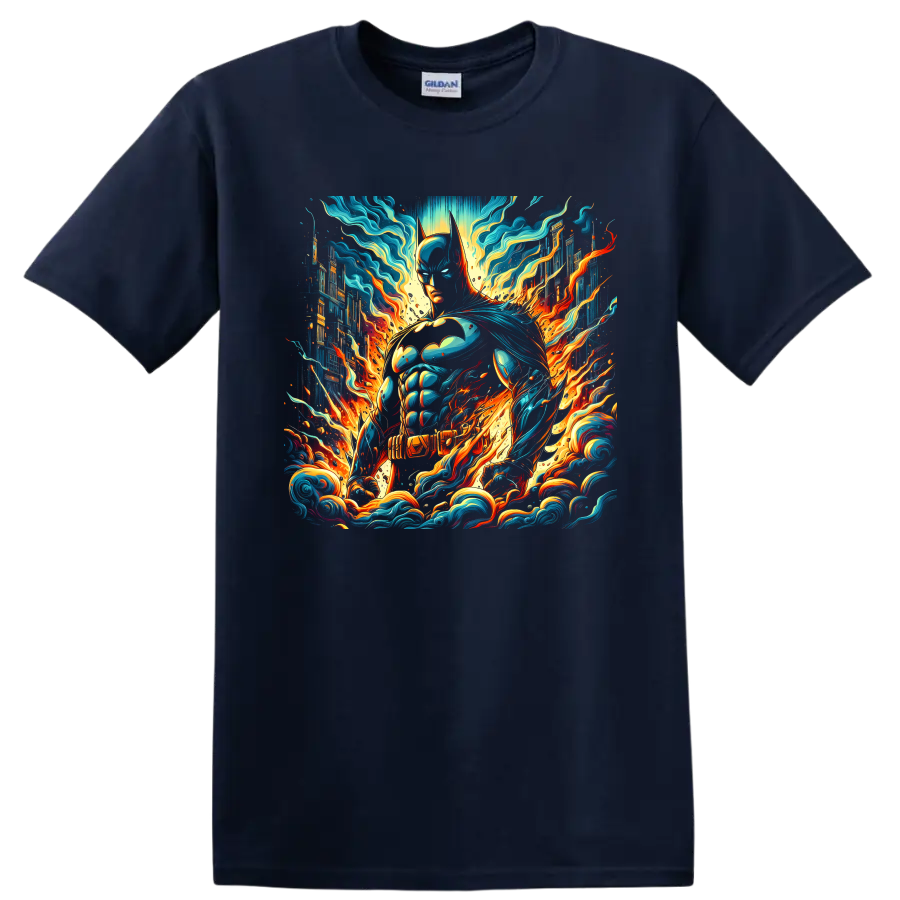 Batman comic art with neon cityscape, teal energy waves, and orange flames on a Navy (Blue) T Shirt