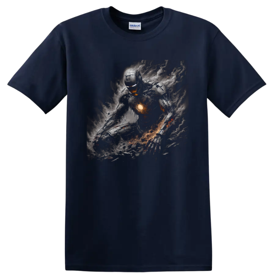 Iron Man armored battle art with glowing chest core, smoke, sparks, and debris on a Navy (Blue) T Shirt