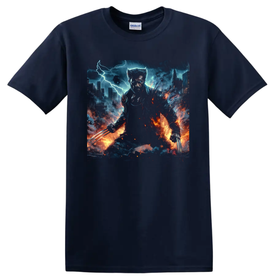 Wolverine storm city comic art with extended claws, lightning, and fire on a Navy (Blue) T Shirt