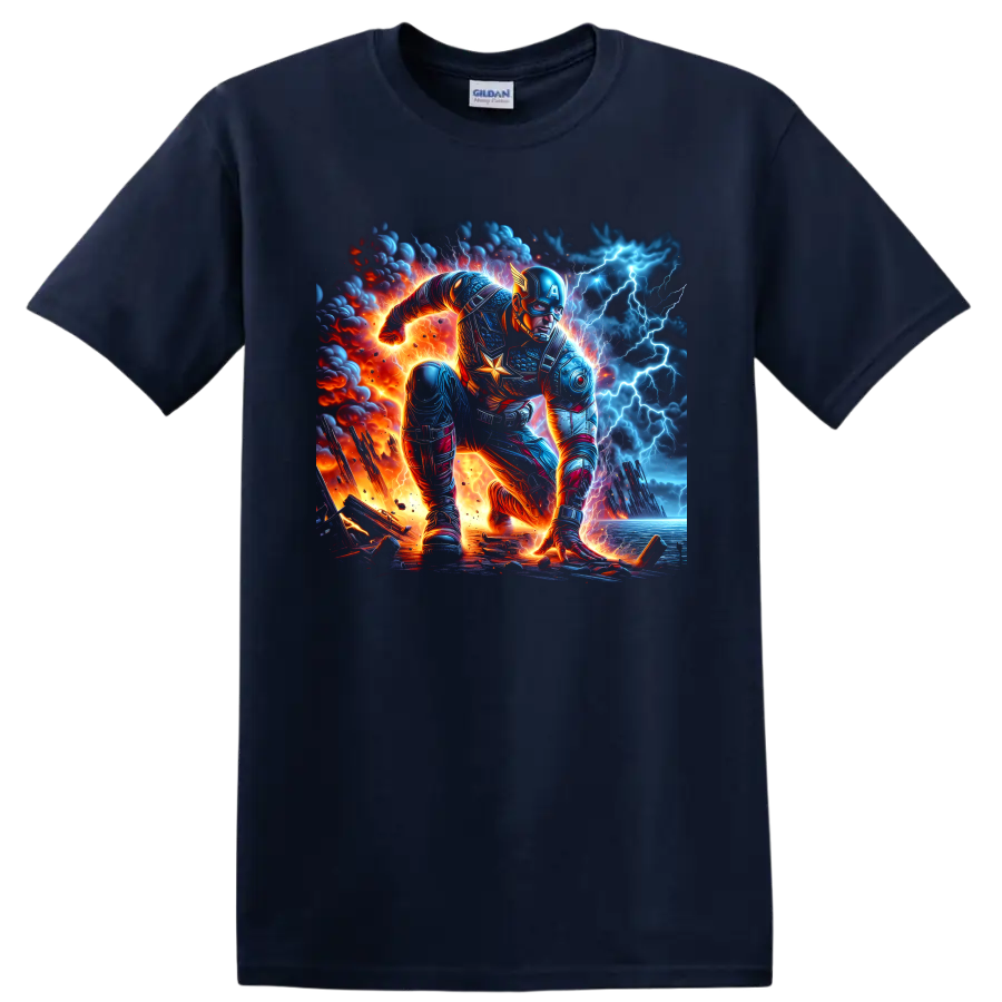Captain America in a fiery lightning battle, detailed comic-inspired action art on a Navy (Blue) T Shirt
